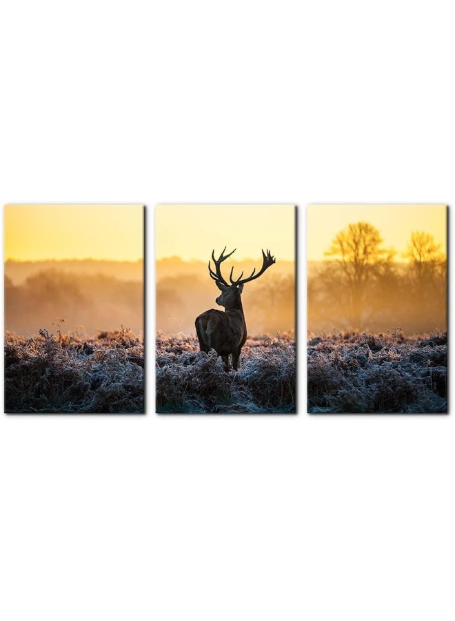 Pacimo Canvas Print Wall Art 3 Pieces Set Deer in Golden Light at Dawn Nature Wilderness Photography Realism Rustic Scenic Relax/Calm Multicolor for Living Room Bedroom Office Decor - 16"x24"x3 Panels - Image 1
