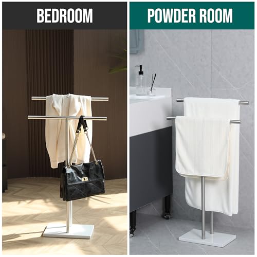 WISATO - Free Standing Towel Rack for Bathroom - Brushed Nickel Finish - Stand Alone 2 Tier Stainless Steel Towel Rack for Bathroom Floor with Heavy Marble Base, Double T Shape Drying Stand for Towels - Image 5