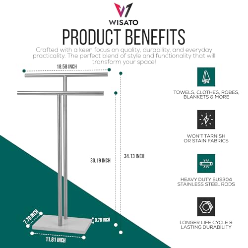 WISATO - Free Standing Towel Rack for Bathroom - Brushed Nickel Finish - Stand Alone 2 Tier Stainless Steel Towel Rack for Bathroom Floor with Heavy Marble Base, Double T Shape Drying Stand for Towels - Image 3