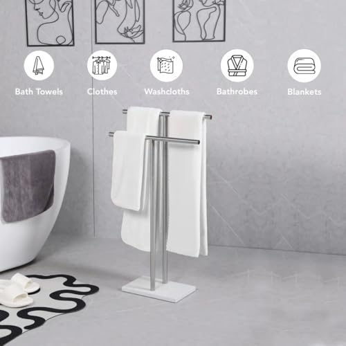 WISATO - Free Standing Towel Rack for Bathroom - Brushed Nickel Finish - Stand Alone 2 Tier Stainless Steel Towel Rack for Bathroom Floor with Heavy Marble Base, Double T Shape Drying Stand for Towels - Image 2