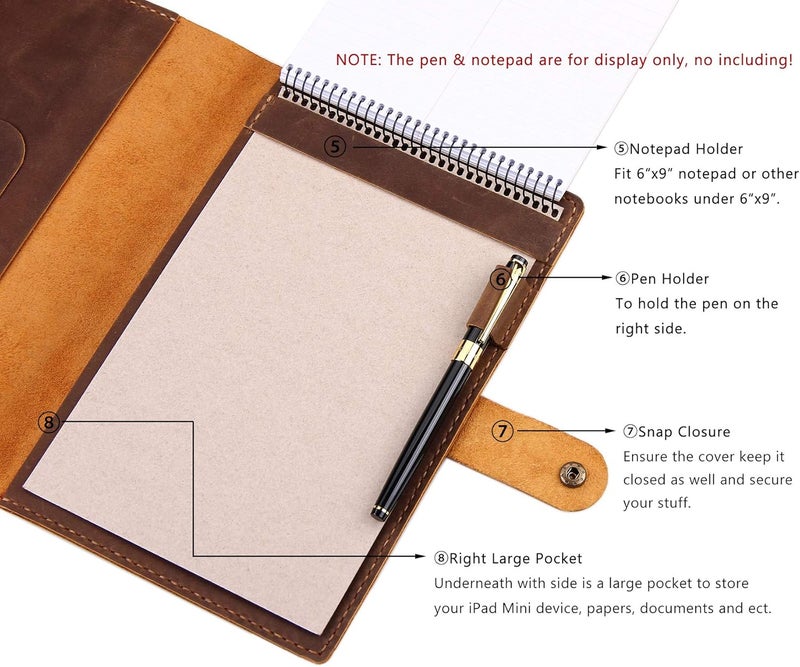 Robrasim Robrasim Leather Cover for 6x9 Steno Notebook Leather Folio Cover Compatible with 6x9 Spiral Steno Pads A5 Notebook Organizer with Pen Loop  Brown - Image 5