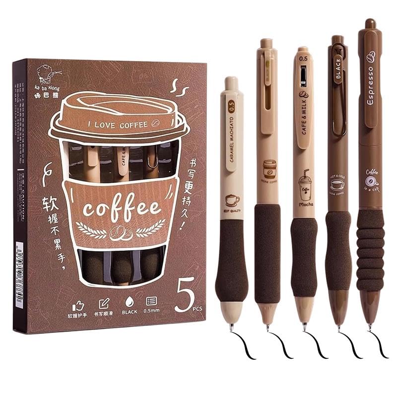 FINEMOE Set of 5 Coffee Theme Gel Pens for Writing, 0.5mm Black Ink Aesthetic Pen with Soft Grip, Cute Kawaii Stationery for Girls & Boys, School Office Use, Return Gift for Kids (Black ink) - Image 1