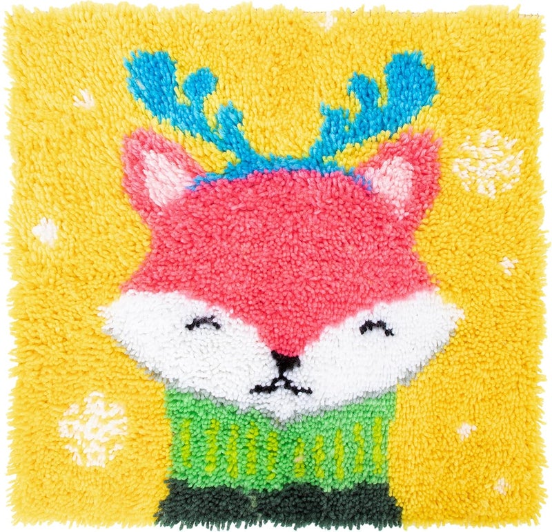 LUBOT 17" X 17" Fox Latch Hook Kits Rug Making Kits DIY Crochet Yarn Crafts for Kids or Adults with Printed Canvas Pattern - Image 1