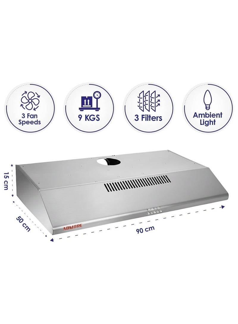 ADMORE Slim Cooker Hood -90cm Stainless Steel Under Cabinet Range Hood with 3-Speed Fan, 2 LED Lights & Carbon Filter - Convertible (Ducted or Recirculating - Image 2