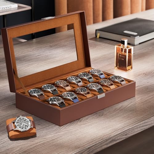Procase منظم علبة ساعات بروكيس للرجال، علبة عرض ساعات بـ 12 فتحة مع غطاء زجاجي، علبة تخزين ساعات جلدية PU، حامل ساعات للرجال والنساء - 12 فتحة، بني - Image 2