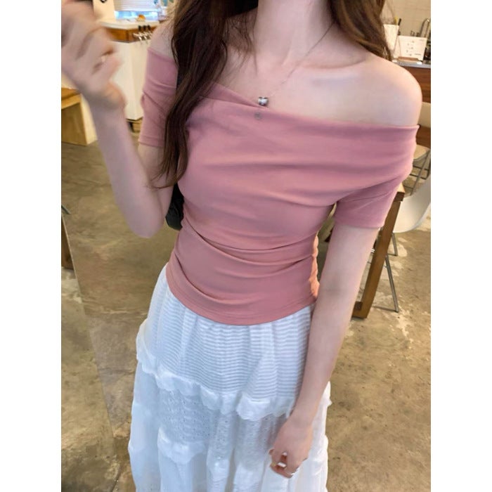 wine red off-shoulder short-sleeved T-shirt womens swing collar off-shoulder summer elastic close-fitting slimming pure short top clothes Lotus root pink 