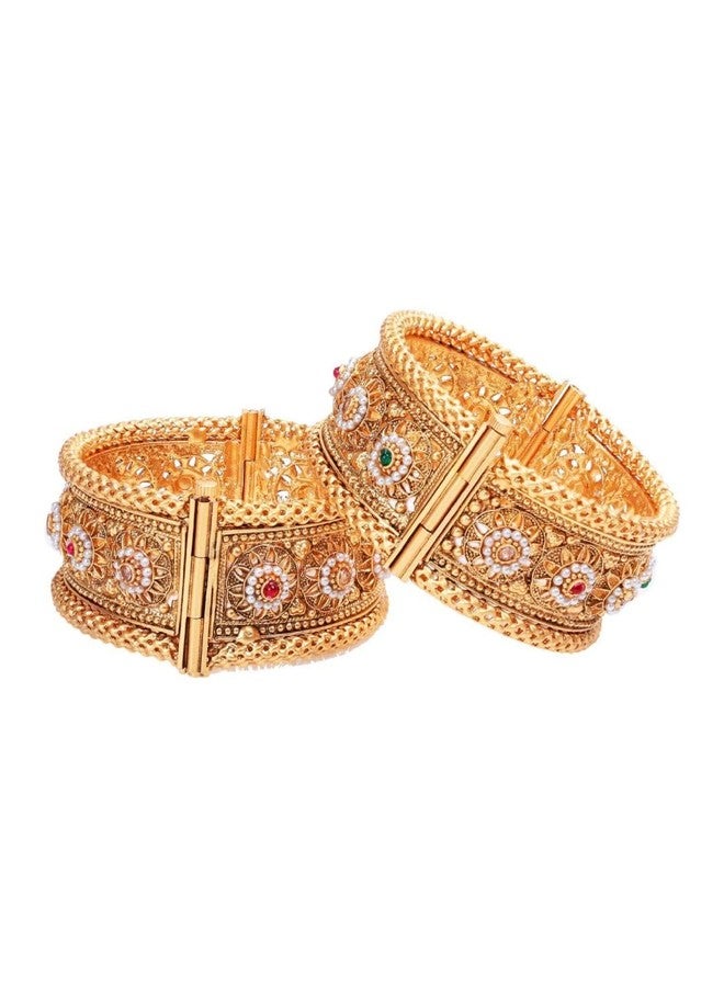 Efulgenz Indian Bangles for Women Gold Tone Bracelet Bangle Set Crystal Floral Engraved Style Hinge Openable Big Broad Bracelet Bangles Indian Bridal Jewelry for Wedding Bollywood Fashion Jewelry (2 Pcs) (Gold, 2-6) - Image 1
