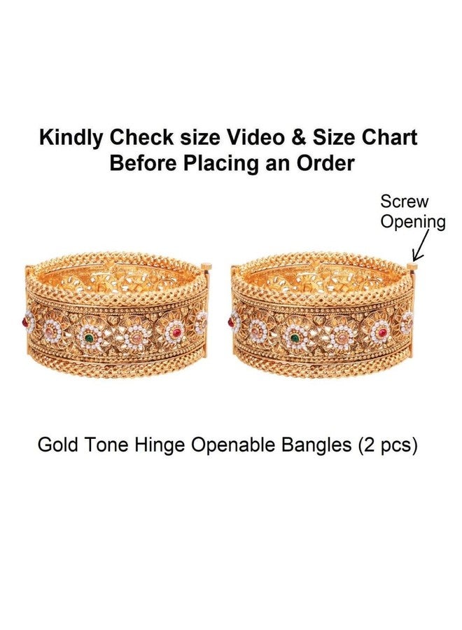 Efulgenz Indian Bangles for Women Gold Tone Bracelet Bangle Set Crystal Floral Engraved Style Hinge Openable Big Broad Bracelet Bangles Indian Bridal Jewelry for Wedding Bollywood Fashion Jewelry (2 Pcs) (Gold, 2-6) - Image 5