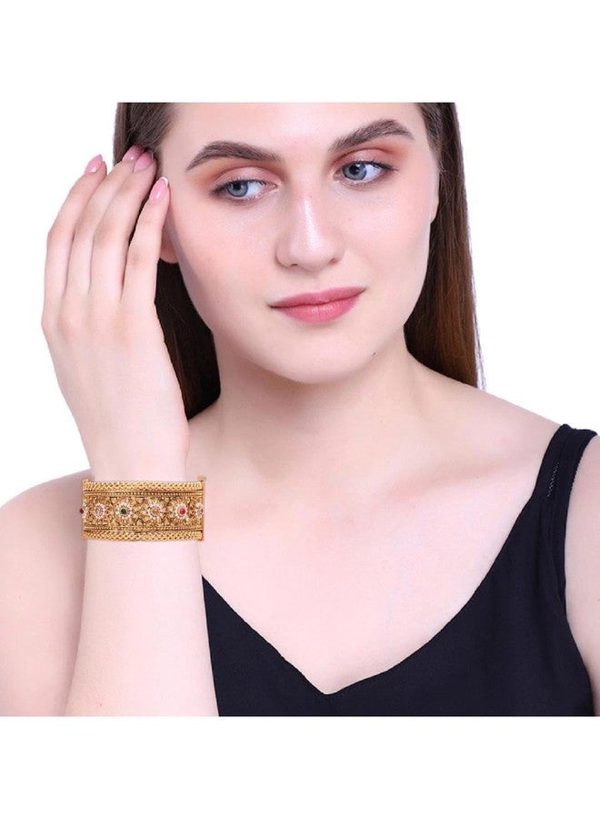 Efulgenz Indian Bangles for Women Gold Tone Bracelet Bangle Set Crystal Floral Engraved Style Hinge Openable Big Broad Bracelet Bangles Indian Bridal Jewelry for Wedding Bollywood Fashion Jewelry (2 Pcs) (Gold, 2-6) - Image 4