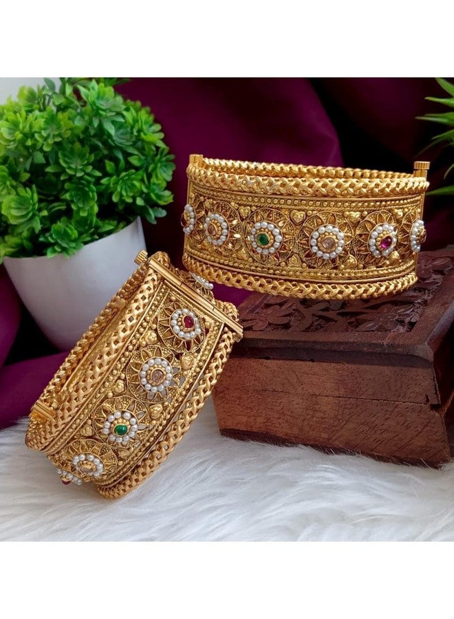 Efulgenz Indian Bangles for Women Gold Tone Bracelet Bangle Set Crystal Floral Engraved Style Hinge Openable Big Broad Bracelet Bangles Indian Bridal Jewelry for Wedding Bollywood Fashion Jewelry (2 Pcs) (Gold, 2-6) - Image 2