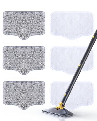 ScrubWiz Steam Mop Pads with Washable and Reusable, 6 Pack Replacement, 2 Material Types Accessories Compatible With Steamer Mop for Cleaning Floors and Carpets, White and Gray - Image 1