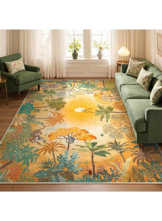 La Home Fall Jungle 5x7 Autumn Rug for Living Room Bedroom Machine Washable Carpet, Soft Sunset Kids Rugs for Playroom, Forest Rug Non Slip Non Shedding Orange Indoor Carpet for Nursery Office - Image 1