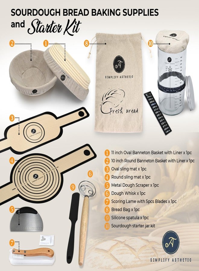 SIMPLIFY ASTHETIC Premium Banneton Bread Proofing Baskets - 11" Oval & 10" Round Sourdough Proofing Basket with Liners - Sourdough Starter Jar Kit 1000ml - Complete Sourdough Bread Baking Supplies with 20 Baking Tools - Image 2