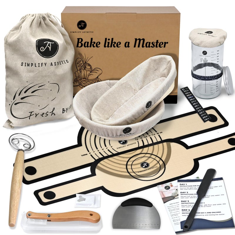 SIMPLIFY ASTHETIC Premium Banneton Bread Proofing Baskets - 11" Oval & 10" Round Sourdough Proofing Basket with Liners - Sourdough Starter Jar Kit 1000ml - Complete Sourdough Bread Baking Supplies with 20 Baking Tools - Image 1
