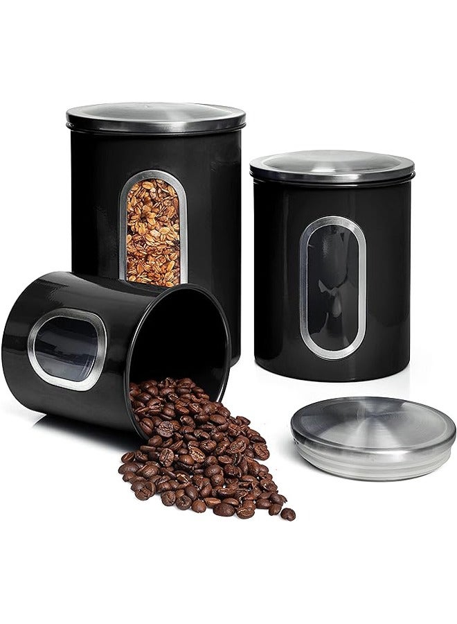 Hihonor 3 Piece Black Canisters Sets For The Kitchen, Kitchen Jars With See Window, Airtight Coffee Container Tea Organizer & Sugar Canister, Kitchen Canisters Set of 3 Black Kitchen Décor  - Image 1