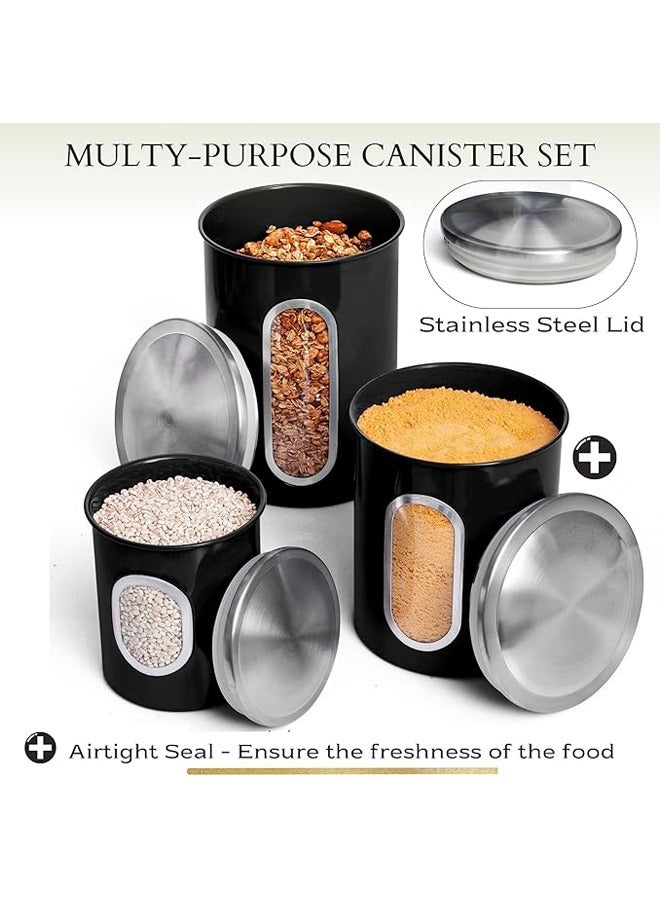 Hihonor 3 Piece Black Canisters Sets For The Kitchen, Kitchen Jars With See Window, Airtight Coffee Container Tea Organizer & Sugar Canister, Kitchen Canisters Set of 3 Black Kitchen Décor  - Image 2
