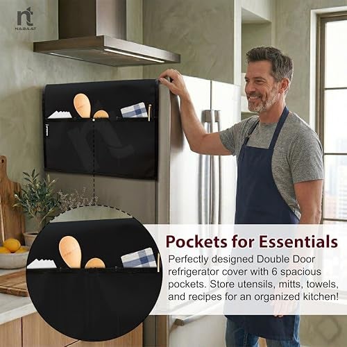 NABAAT Premium Fridge Cover Top for Double Door Refrigerator Kitchen Decor Durable Dustproof Waterproof Modern Design with 6 Side Pockets for Kitchen Accessories - 170 x 65cm (Black) - Image 5