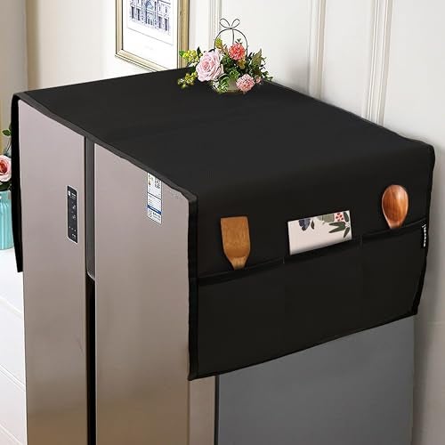 NABAAT Premium Fridge Cover Top for Double Door Refrigerator Kitchen Decor Durable Dustproof Waterproof Modern Design with 6 Side Pockets for Kitchen Accessories - 170 x 65cm (Black) - Image 1