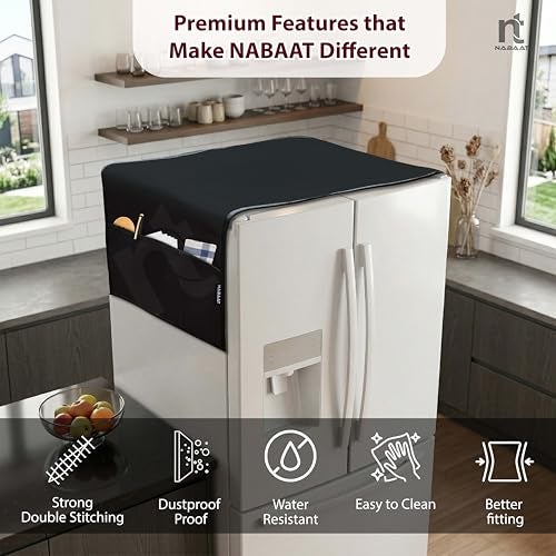NABAAT Premium Fridge Cover Top for Double Door Refrigerator Kitchen Decor Durable Dustproof Waterproof Modern Design with 6 Side Pockets for Kitchen Accessories - 170 x 65cm (Black) - Image 4