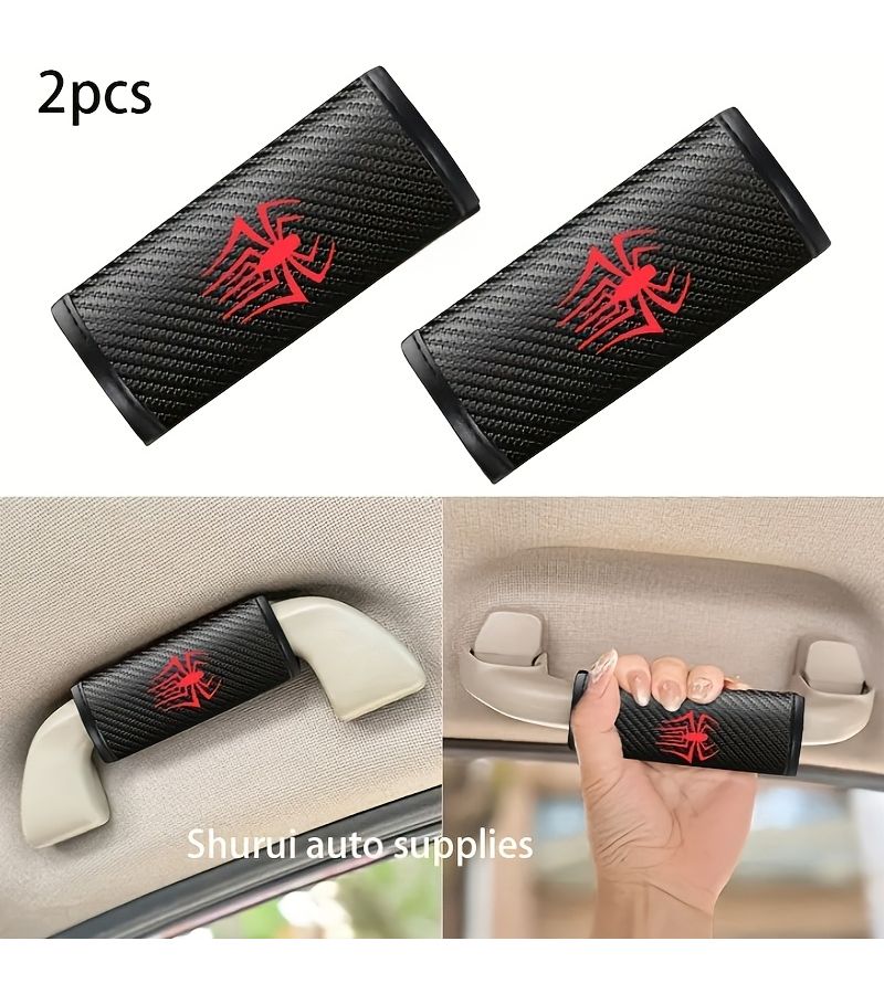 2pcs Blue Faux Leather Carbon Fiber Car Roof Handle Cover Spider Pattern Design Fashion Smooth Texture Interior Decoration Accessories - Image 1