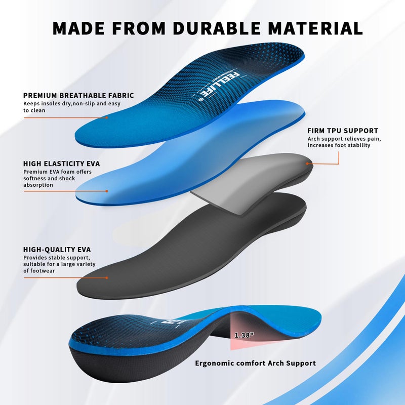FEELLIFE Plantar Fasciitis Insoles, High Arch Support Inserts for Men Women, Heavy Duty Flat Feet Pain Relief Orthotics for Athletic Shoes & Work Boots for All Day Standing [Men 6-6.5|Women 8-8.5] - Image 3