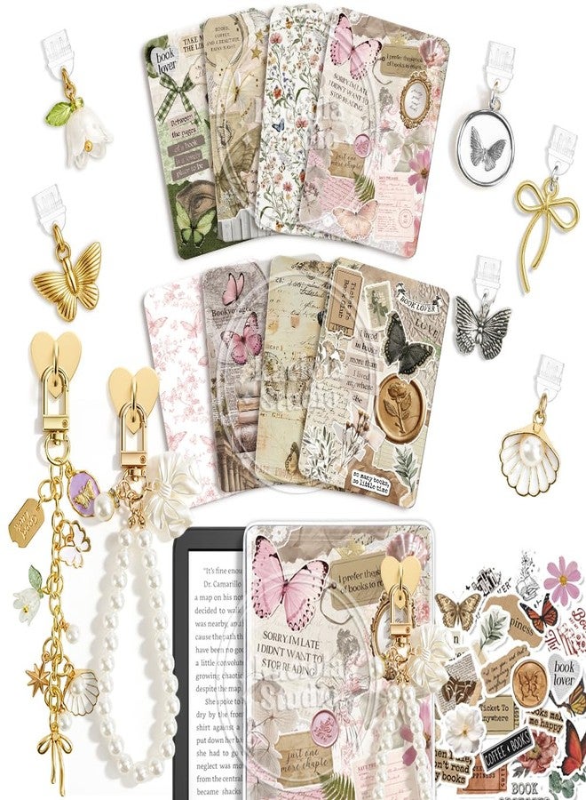 KACIOLA STUDIO 8PCS Inserts Cardstock Set for E-Reader, 6 Type C Charms and 2 Chains with 50PCS Stickers for Clear Case, 6.9"x4.8" Insert for Paper White11th/12th, Gifts for Booklovers (Butterfly) - Image 1