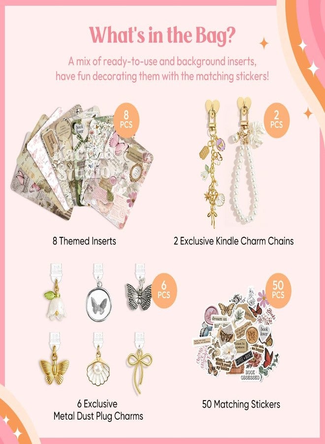 KACIOLA STUDIO 8PCS Inserts Cardstock Set for E-Reader, 6 Type C Charms and 2 Chains with 50PCS Stickers for Clear Case, 6.9"x4.8" Insert for Paper White11th/12th, Gifts for Booklovers (Butterfly) - Image 3