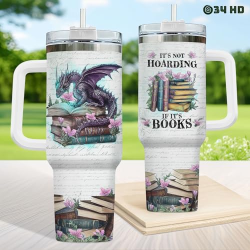 34HD Book Dragon Tumbler 40oz with Handle and Straw, It's Books Fantasy Dragons Design Stainless Steel Insulated Travel Mug, Bookish Items, Book Lover Gift for Readers & Him Her - Image 5