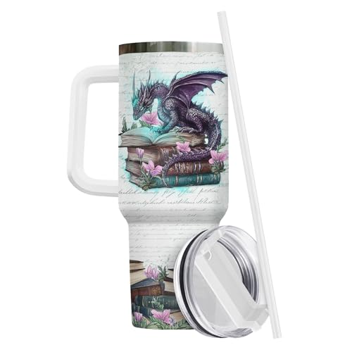 34HD Book Dragon Tumbler 40oz with Handle and Straw, It's Books Fantasy Dragons Design Stainless Steel Insulated Travel Mug, Bookish Items, Book Lover Gift for Readers & Him Her - Image 3