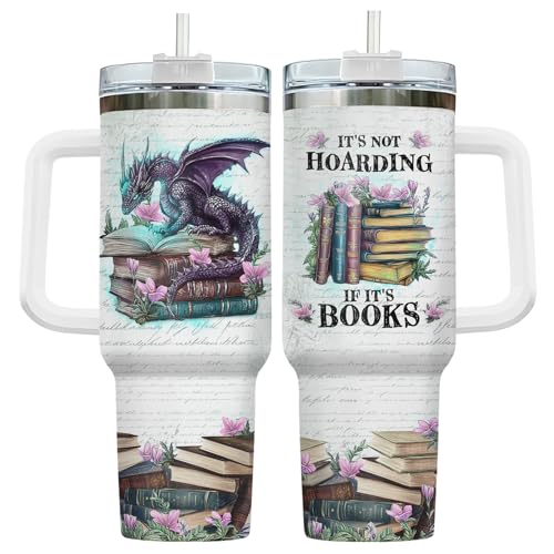 34HD Book Dragon Tumbler 40oz with Handle and Straw, It's Books Fantasy Dragons Design Stainless Steel Insulated Travel Mug, Bookish Items, Book Lover Gift for Readers & Him Her - Image 1