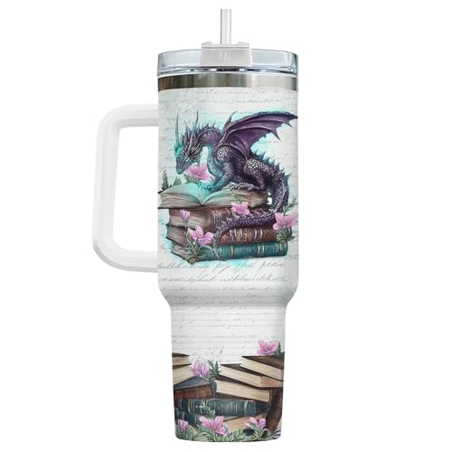 34HD Book Dragon Tumbler 40oz with Handle and Straw, It's Books Fantasy Dragons Design Stainless Steel Insulated Travel Mug, Bookish Items, Book Lover Gift for Readers & Him Her - Image 2