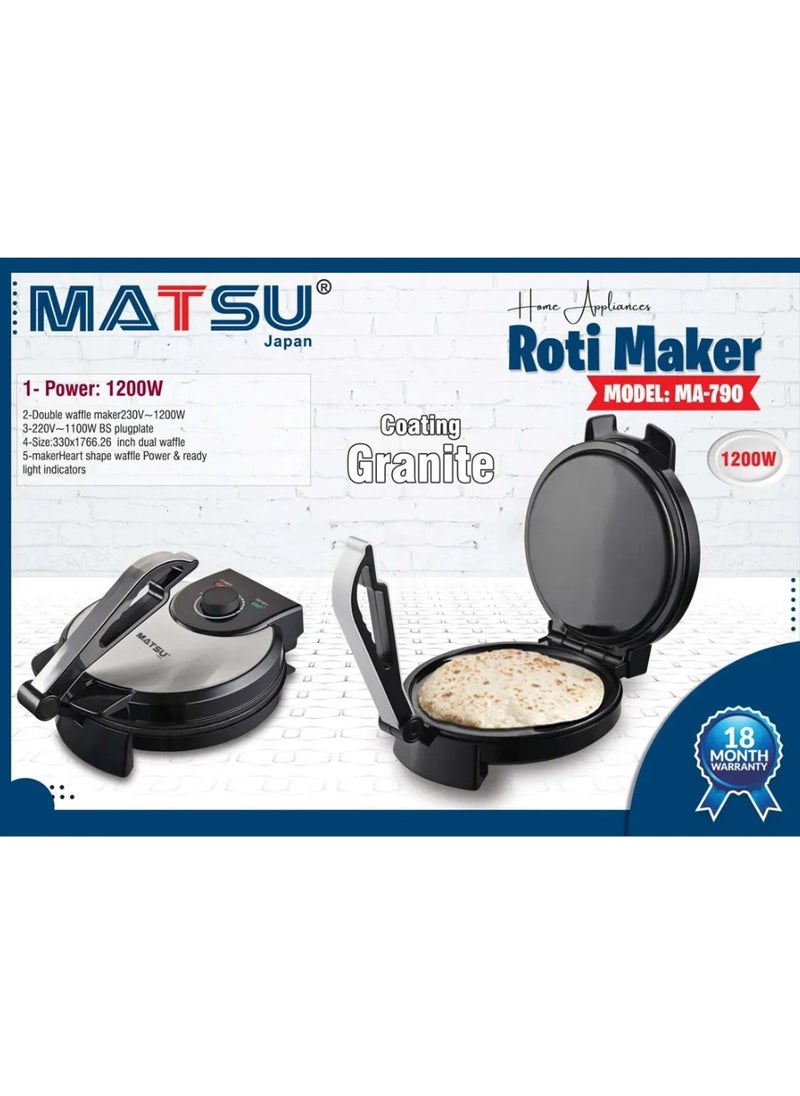 Generic - MATSU 10-Inch Electric Roti Maker – 1200W High-Power Non-Stick Chapati and Flatbread Press with Durable Stainless Steel Body, Adjustable Temperature Control for Perfect Soft or Crispy Rotis, Dual Power & Ready Indicator Lights, Safety Lock for Secure Use, Easy-to-Clean Non-Stick Plates, and Instruction Manual – 220-240V Home Kitchen Appliance Perfect for UAE Kitchens - Image 1