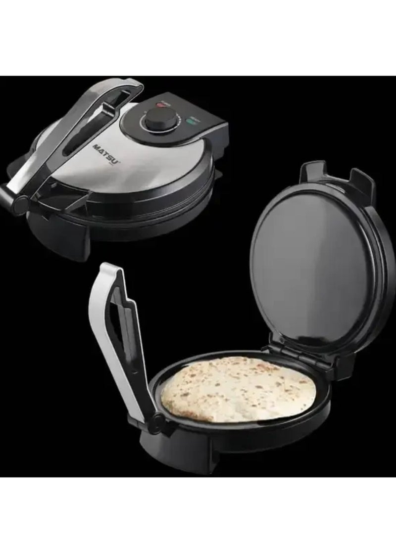 Generic - MATSU 10-Inch Electric Roti Maker – 1200W High-Power Non-Stick Chapati and Flatbread Press with Durable Stainless Steel Body, Adjustable Temperature Control for Perfect Soft or Crispy Rotis, Dual Power & Ready Indicator Lights, Safety Lock for Secure Use, Easy-to-Clean Non-Stick Plates, and Instruction Manual – 220-240V Home Kitchen Appliance Perfect for UAE Kitchens - Image 1