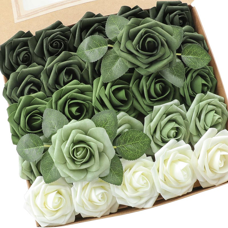 Floroom Artificial Flowers 25pcs Real Looking Forest Green Ombre Colors Foam Fake Roses with Stems for DIY Wedding Bouquets Bridal Shower Centerpieces Sage Green Floral Arrangements Decorations