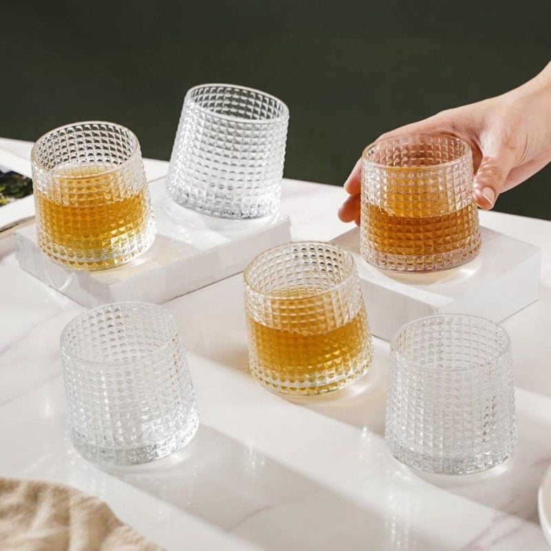 AVMPHD Whiskey Glasses Set of 6 150ml Rotating Crystal Thick Cut Cubic Glass Lead Free Perfect for Whiskey Scotch Bourbon Brandy Cognac - Image 1