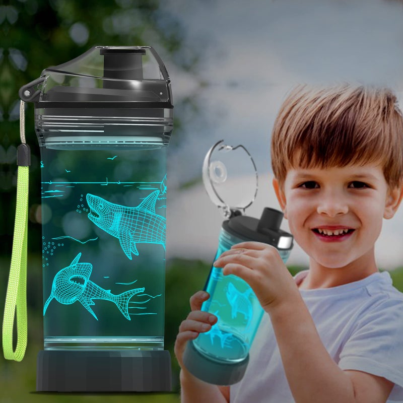 Ammonite Shark Kids Water Bottle with 3D Glowing LED Light - 14 OZ Tritan BPA Free - Creative Ideal Travel Cup Gift for School Kid Boy Child Holiday Camping Picnic - Image 1