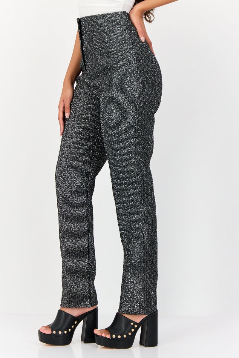 KOTON Melis Agazat x Koton Women Regular Fit Metallic Straight Leg Pants, Heather Grey - Image 2