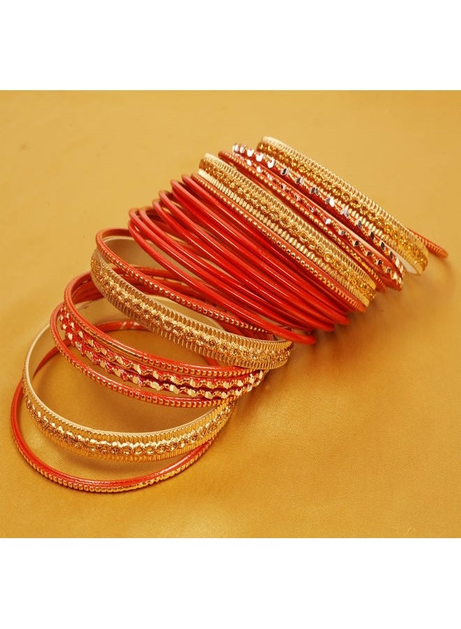 Touchstone NEW! "Colorful 2 Dozen Bangle Collection" Indian Bollywood Alloy Metal Textured Carrot Orange Designer Jewelry Special Large Size Bangle Bracelets Set Of 24. In Antique Gold Tone For Women - Image 3