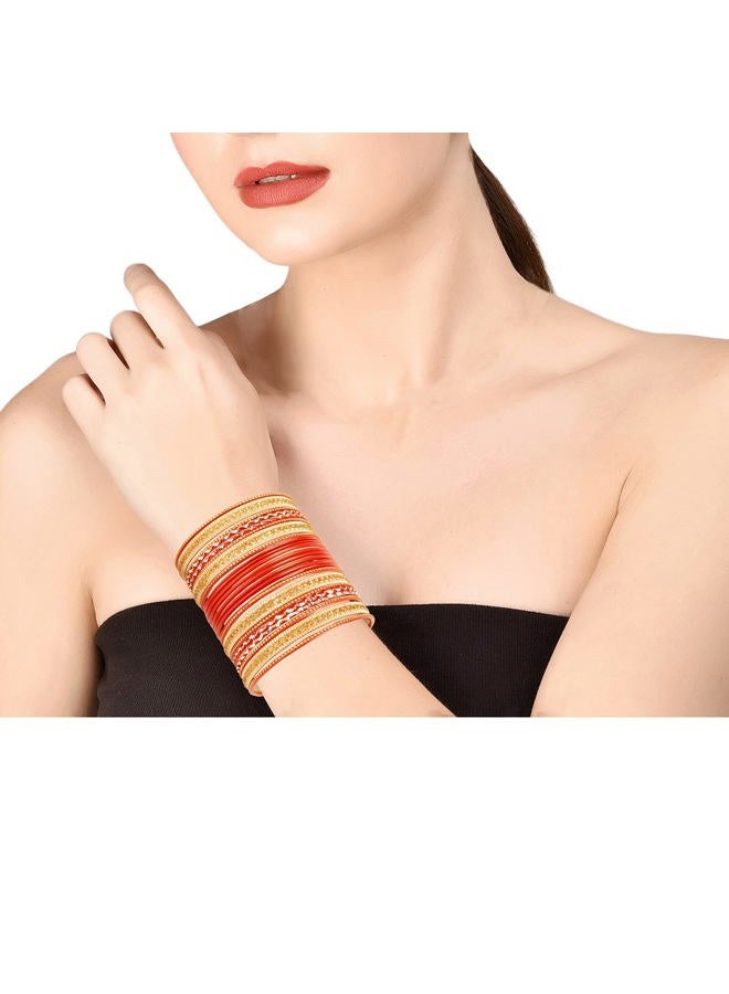 Touchstone NEW! "Colorful 2 Dozen Bangle Collection" Indian Bollywood Alloy Metal Textured Carrot Orange Designer Jewelry Special Large Size Bangle Bracelets Set Of 24. In Antique Gold Tone For Women - Image 2