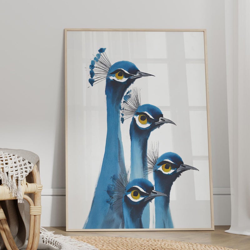 TNESSENTIAL Blue Peacocks Watercolor Wall Art Poster or Canvas Print, Vintage Bird Art, Neutral Minimalist Exotic Animal, Elegant Bird Wildlife Decor - Image 1