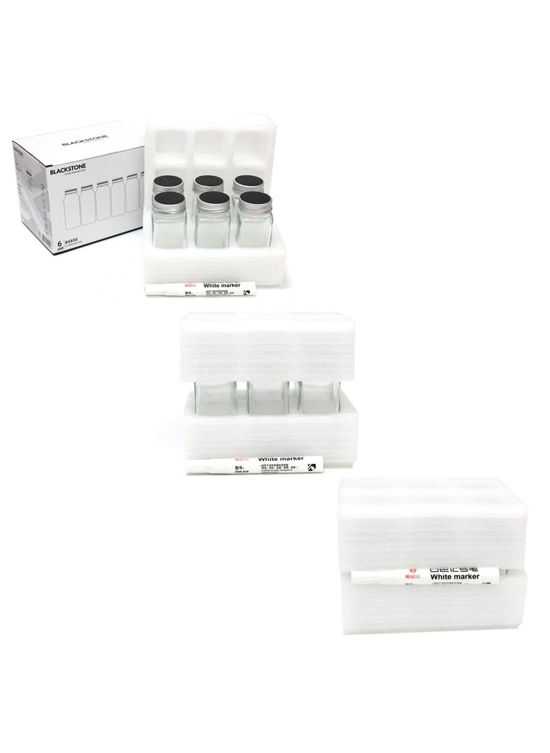 BLACKSTONE - Glass Spice Bottles Set of 6 -100ml Capacity Includes Pen for Labeling - Image 1