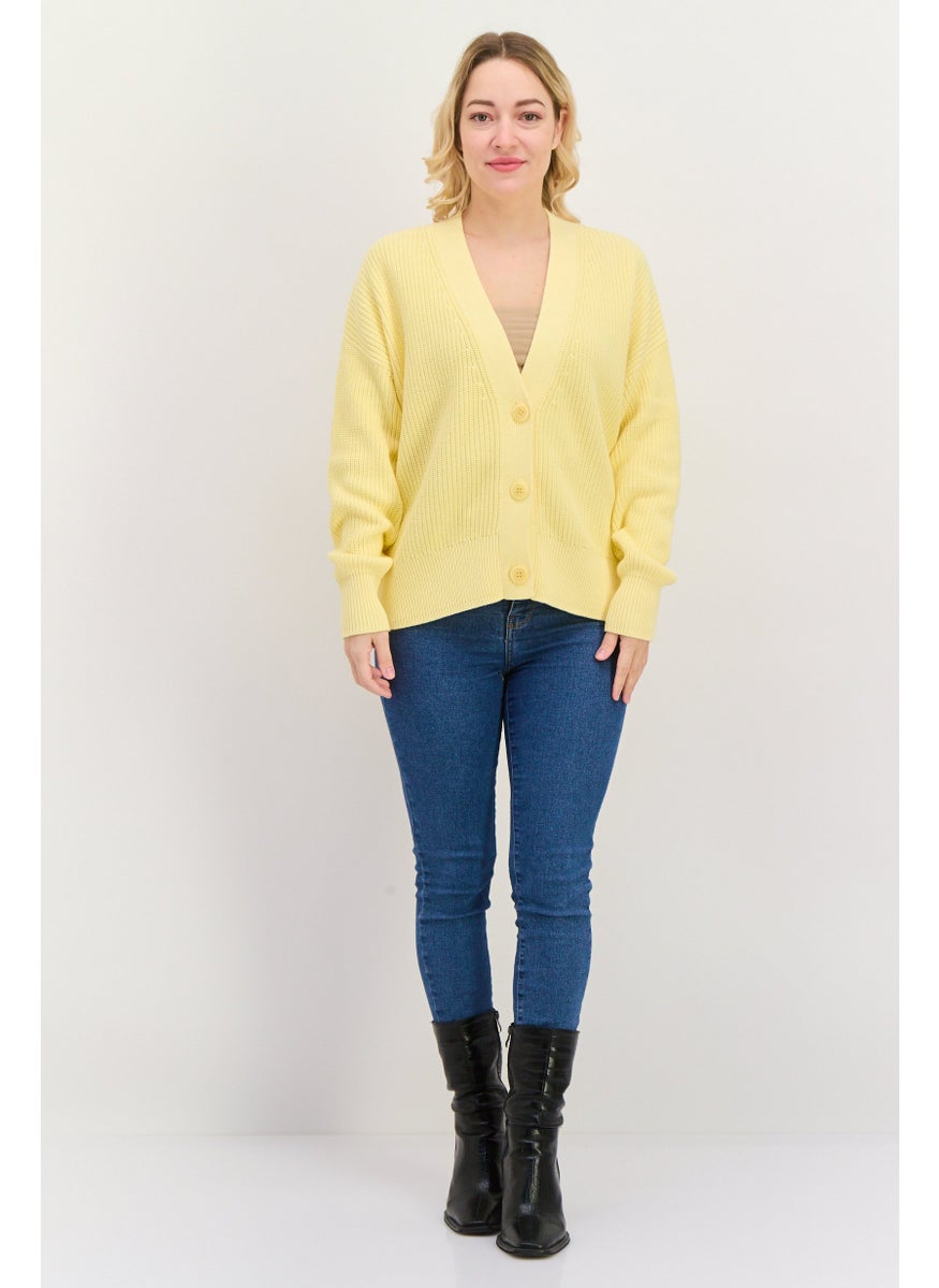 HUGO BOSS Women  V Neck Textured Long Sleeves Cardigans, Yellow  - Image 4