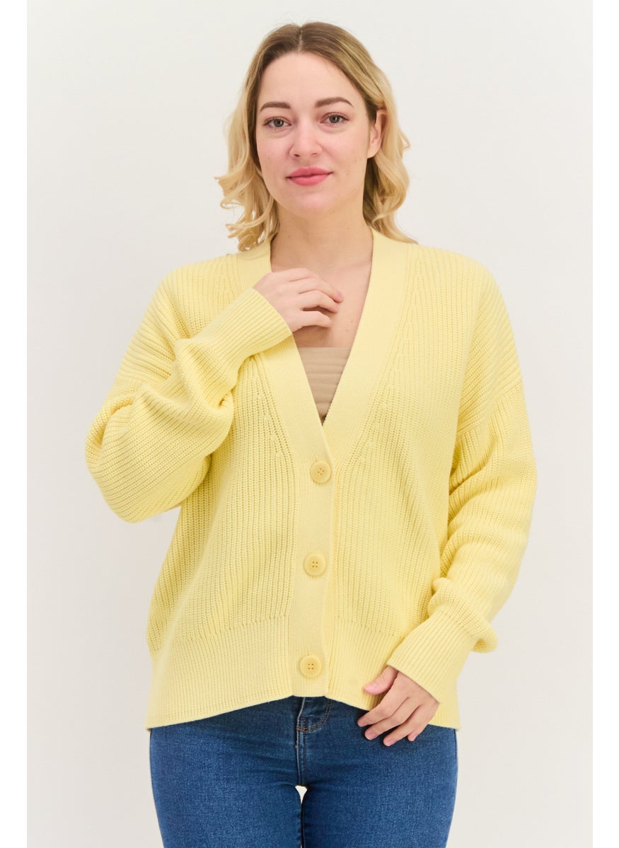 HUGO BOSS Women  V Neck Textured Long Sleeves Cardigans, Yellow  - Image 1