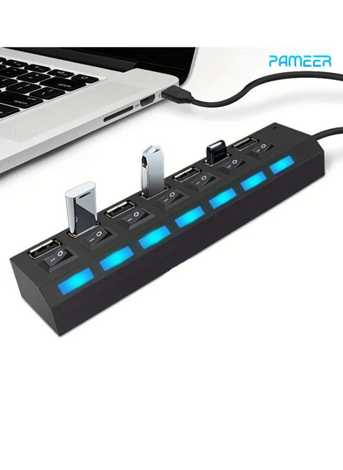 7 منافذ LED USB 2.0 محول محور تشغيل/إيقاف تشغيل متعدد USB الفاصل للكمبيوتر المحمول والكمبيوتر.