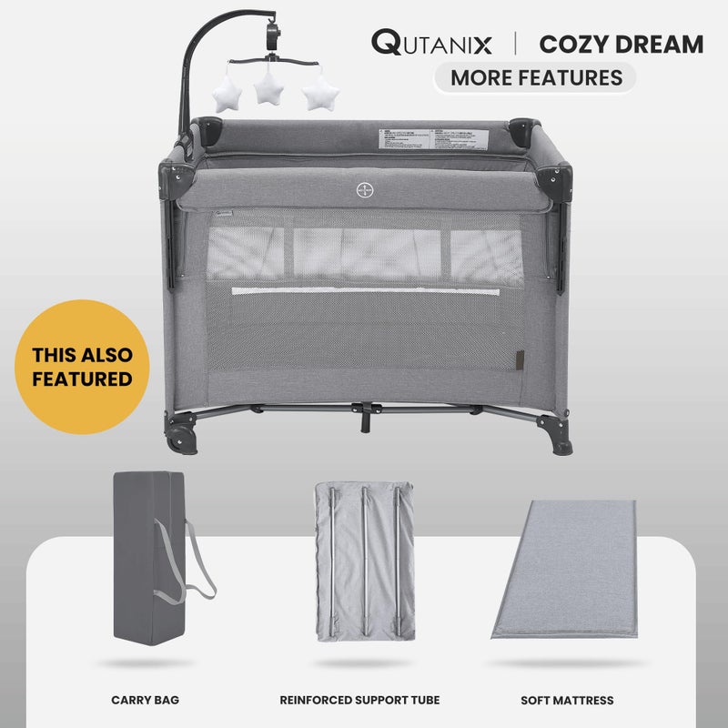 QUTANIX 2-in-1 Baby Playard, Pack and Play Bassinet, Easy Folding Portable Crib with Music Mobile for Newborn to Toddlers (Grey) - Image 4