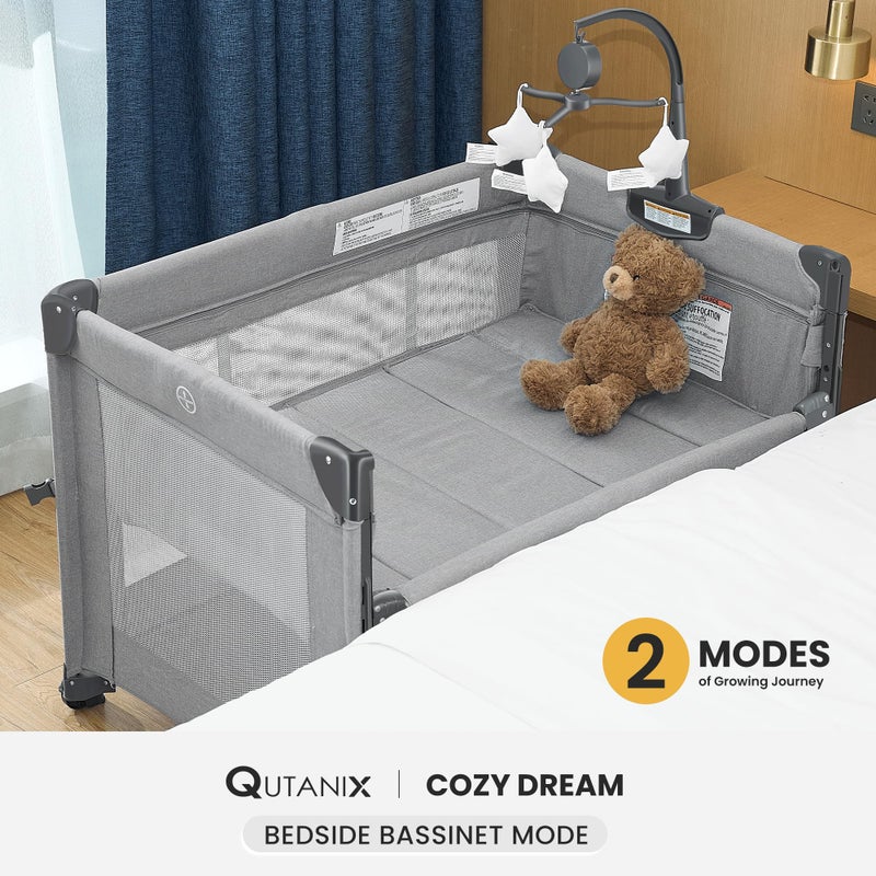 QUTANIX 2-in-1 Baby Playard, Pack and Play Bassinet, Easy Folding Portable Crib with Music Mobile for Newborn to Toddlers (Grey) - Image 2
