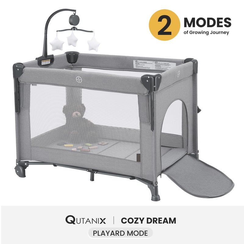 QUTANIX 2-in-1 Baby Playard, Pack and Play Bassinet, Easy Folding Portable Crib with Music Mobile for Newborn to Toddlers (Grey) - Image 3