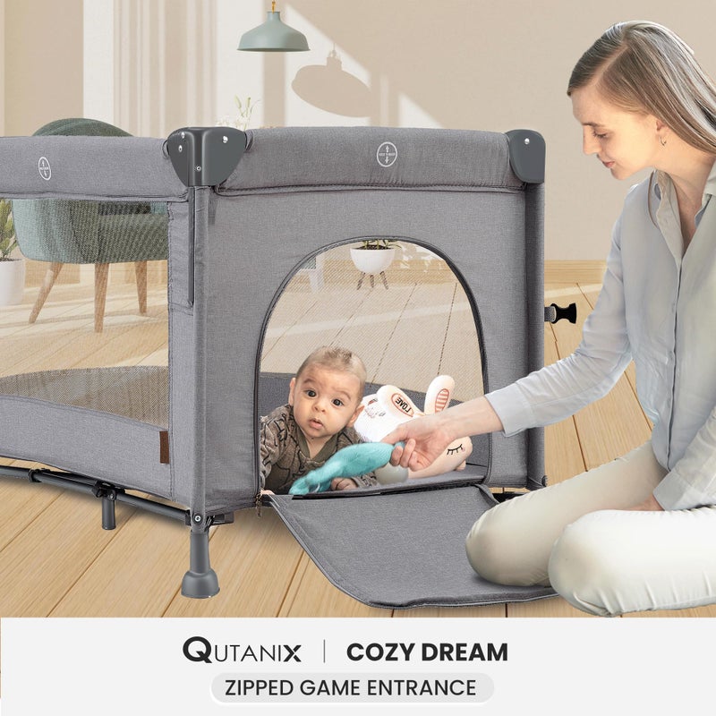 QUTANIX 2-in-1 Baby Playard, Pack and Play Bassinet, Easy Folding Portable Crib with Music Mobile for Newborn to Toddlers (Grey) - Image 5