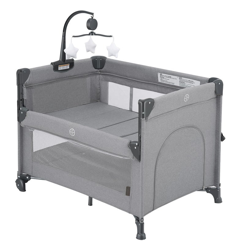 QUTANIX 2-in-1 Baby Playard, Pack and Play Bassinet, Easy Folding Portable Crib with Music Mobile for Newborn to Toddlers (Grey) - Image 1