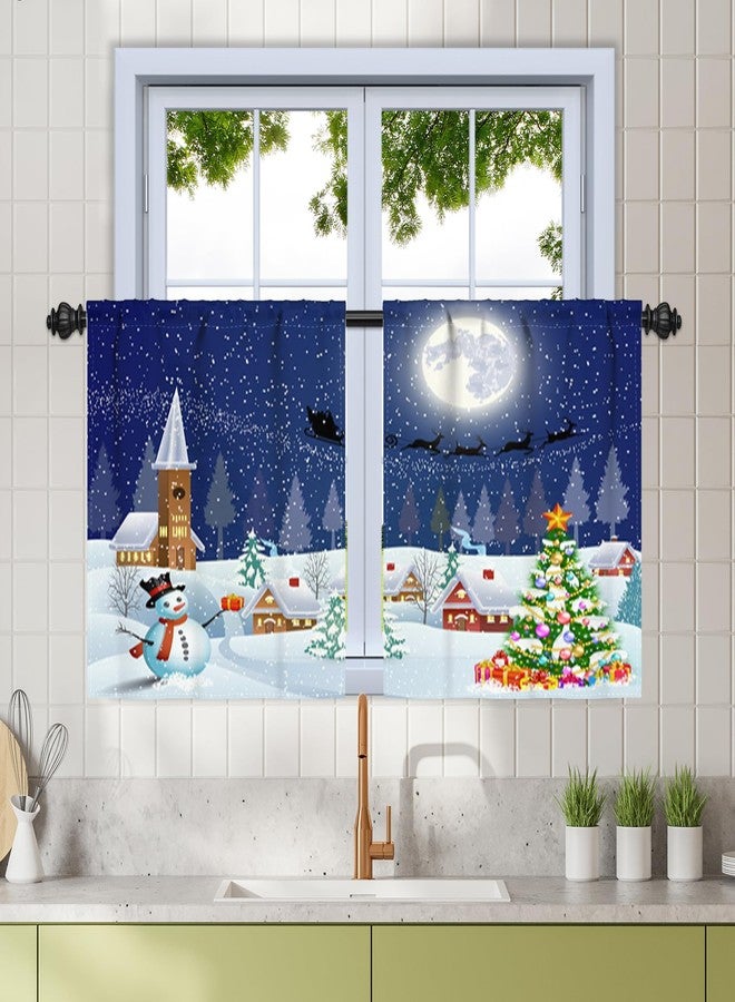 Renaiss 26 x 36 Inch Christmas Kitchen Tier Curtains Snowman Xmas Tree Snowy Night Xmas Eve Snowflake Farmhouse Cabin Winter Holiday Window Treatment Moon Insulate Small Curtains for Bathroom 2 Panels - Image 1